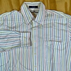 VTG Alan Flusser Long Sleeve Button-Down Shirt White Pastel Stripes Mens Large
